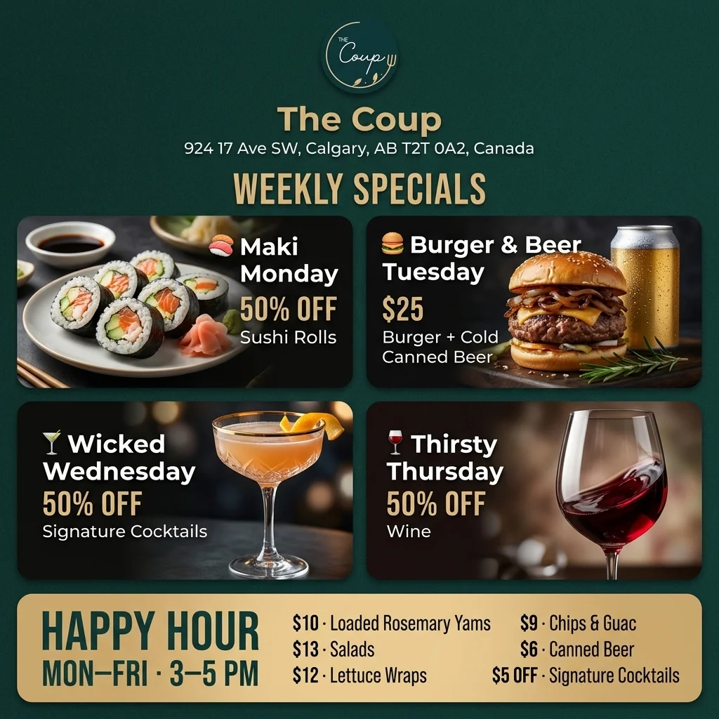 Current specials at The Coup, Calgary's vegetarian restaurant